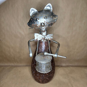 Pier 1 Imports Metal Drummer Cat Figurine (Rustic), *flaws, read*